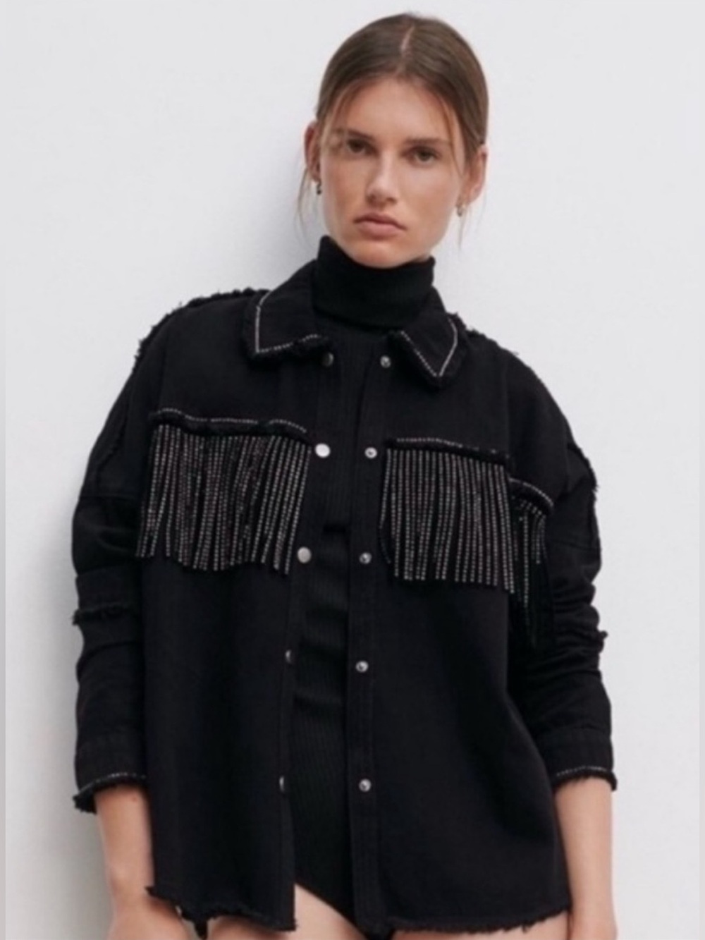 Zara Black Denim Jacket with Studded Fringe